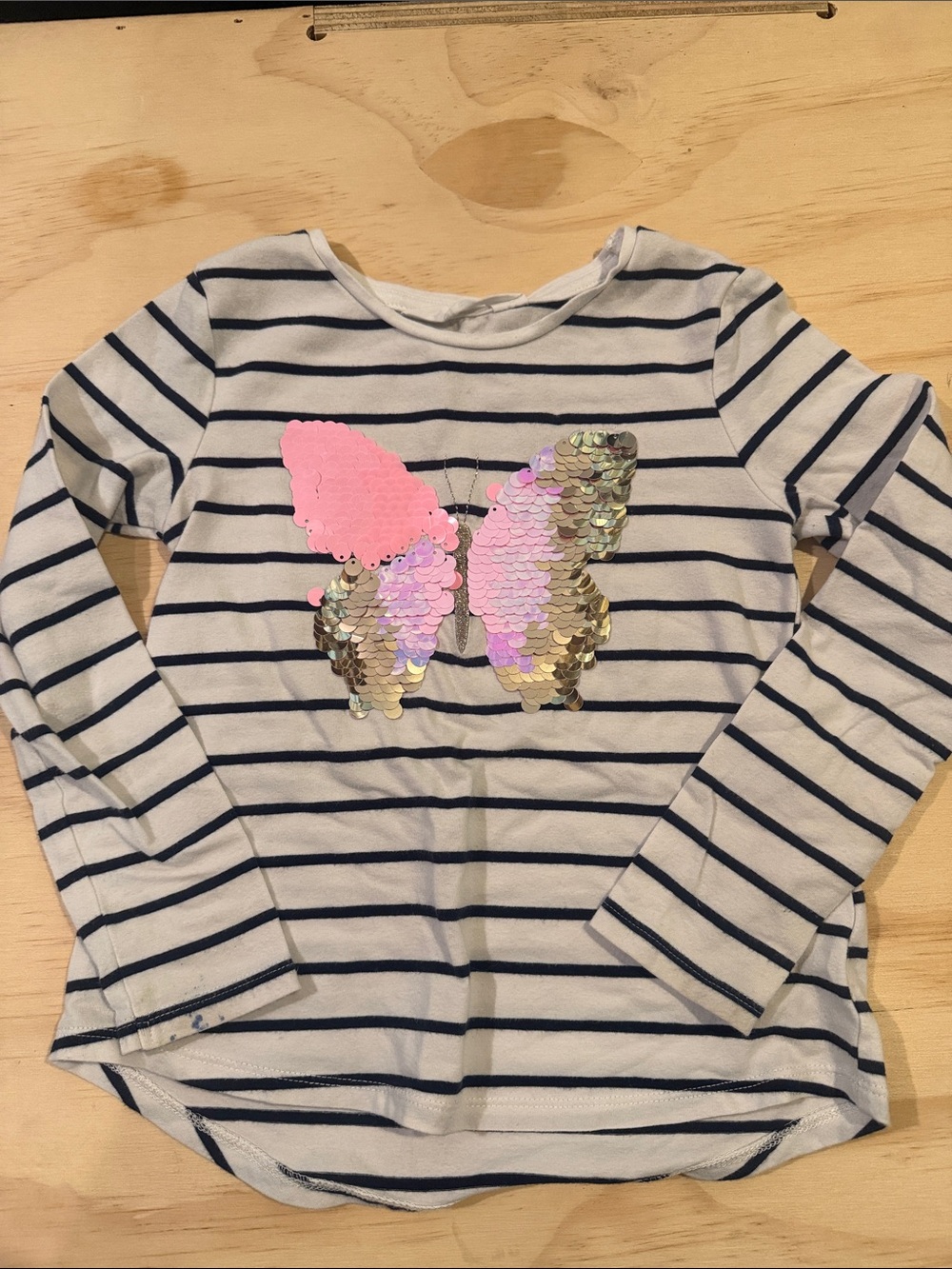 H&M White & Navy Striped Long-Sleeve Top with Pink & Gold Sequin Butterfly